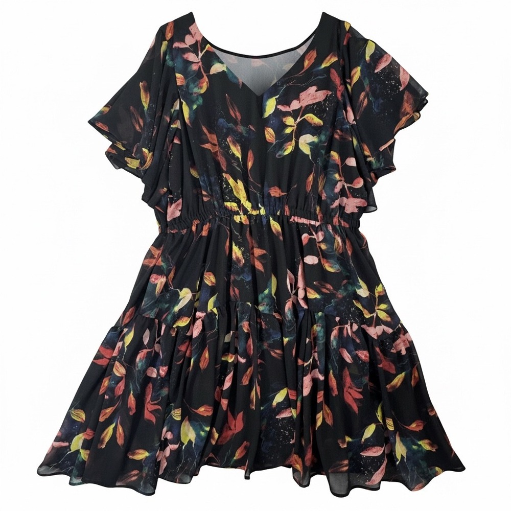 Torrid Womens Plus Size 4 Leaf Print Chiffon Flutter Sleeve Tiered Mini Dress - Picture 10 of 10